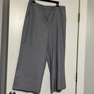 Wide-leg pants. Navy, gray, and white plaid.